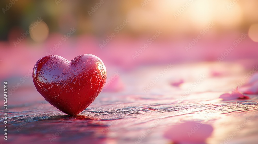 Fototapeta premium A cute small red heart shape located in the bottom right of a soft pink backdrop, capturing the spirit of love and connection.