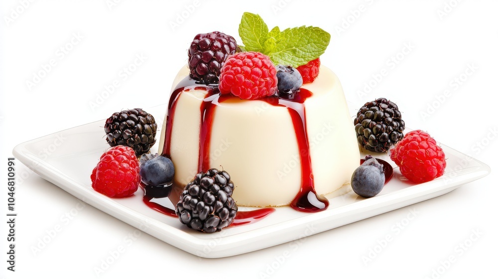 A delicate dessert plated with precision, featuring berries and drizzled sauce, captured in fine detail on a white background for a sophisticated look. A delicate dessert plated with precision, featuring berries and drizzled sauce, captured in fine detail on a white background for a sophisticated look.