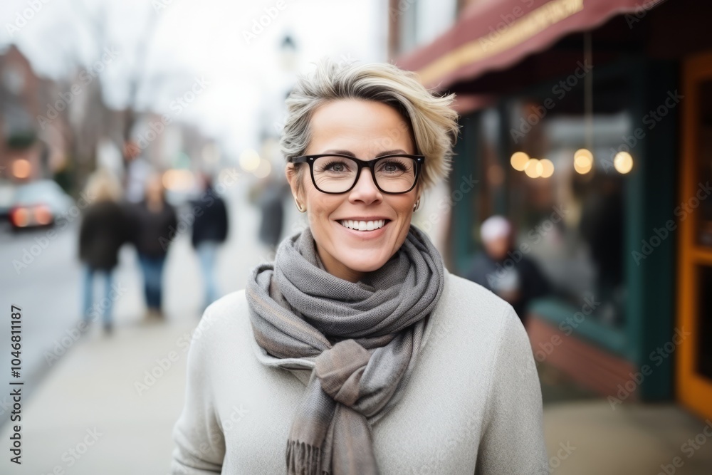 Portrait of a beautiful woman in glasses and scarf on the street Portrait of a beautiful woman in glasses and scarf on the street