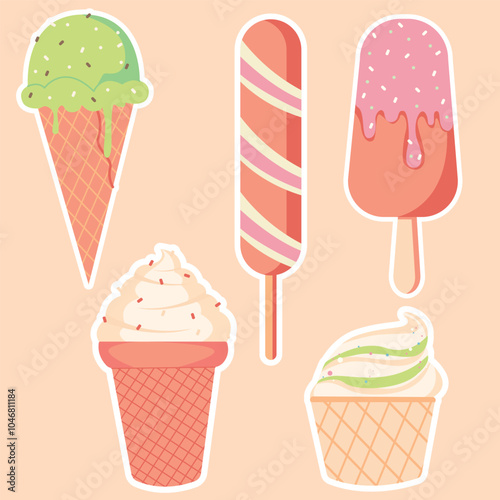 A set of illustrations of a flat vector of various ice cream, isolated on a white background, an animated dessert illustration