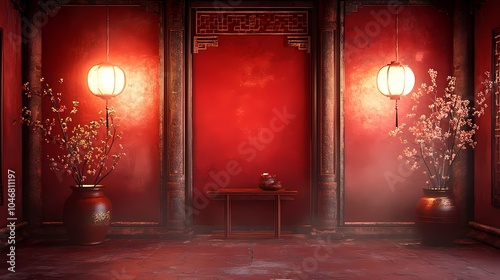 Traditional Chinese New Year fireworks and interior scene illustration poster background