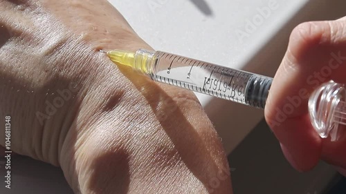 Woman performing mesotherapy, bio revitalization procedure, injecting medicine in her hand. Cosmetics