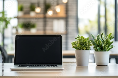 Laptop with blank screen on a wooden desk with potted plants in a modern office.