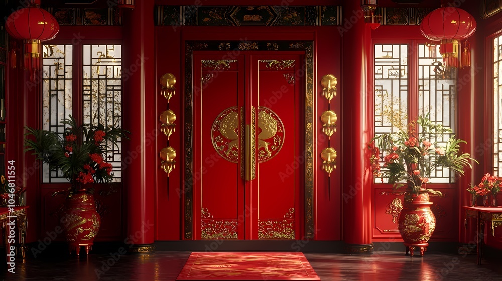 Fototapeta premium Traditional Chinese New Year fireworks and interior scene illustration poster background