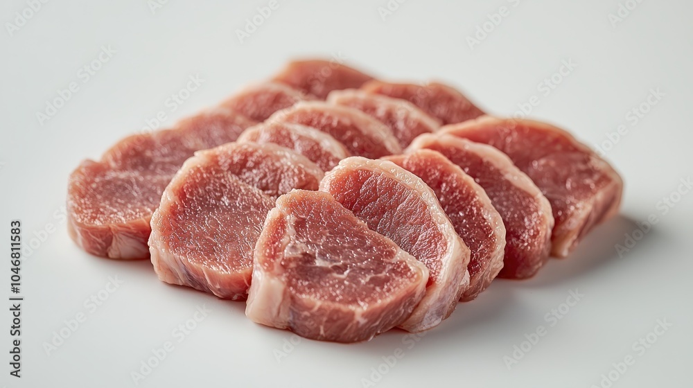 A detailed close-up shot of raw pork and beef cuts on a white background, emphasizing the freshness and inviting colors perfect for culinary inspiration. A detailed close-up shot of raw pork and beef cuts on a white background, emphasizing the freshness and inviting colors perfect for culinary inspiration.