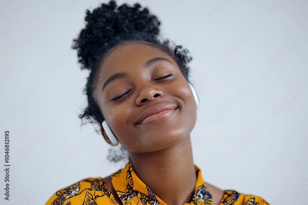 Happy young African woman in her 20s wears wireless earphones, smiling peacefully with her eyes closed. She enjoys listening to music on a white background in a studio, generative ai Happy young African woman in her 20s wears wireless earphones, smiling peacefully with her eyes closed. She enjoys listening to music on a white background in a studio, generative ai