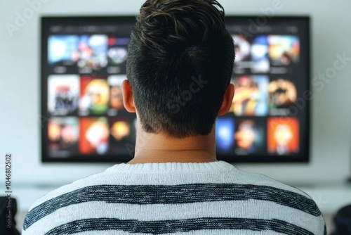 Man is sitting in front of a television watching a blue ocean. The man is wearing a blue shirt and has short hair. Man Observing a Connected TV Screen in the Living Room. Copy space image.