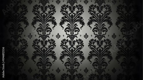 A decorative black and gray wallpaper pattern featuring floral and skull motifs. Black and white background images -