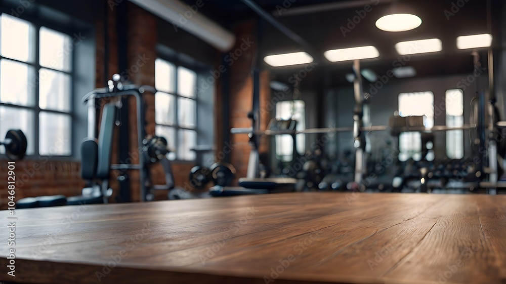 Rustic wooden table close up in modern fitness gym studio, exercise instrument machine or weightlifting equipment on blurry background. product placement mockup Rustic wooden table close up in modern fitness gym studio, exercise instrument machine or weightlifting equipment on blurry background. product placement mockup