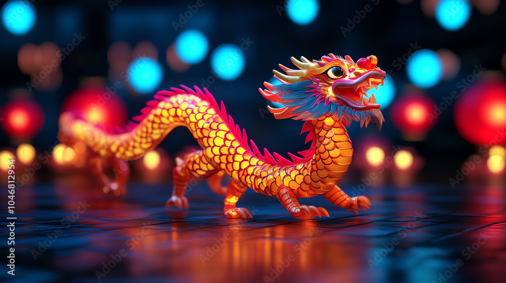 Fototapeta premium Colorful dragon statue with intricate details, symbolizing strength and tradition, against a vibrant backdrop of lights.