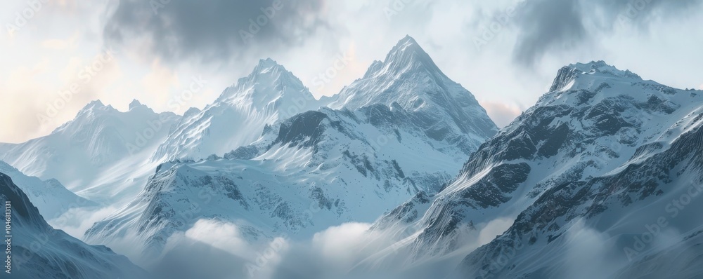 Naklejka premium Scenic mountain range with snow-capped peaks, 4K hyperrealistic photo