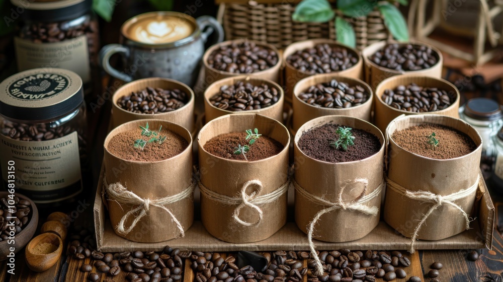 Discover the art of coffee preparation with fresh beans and varied grounds displayed in charming containers. Generative AI Discover the art of coffee preparation with fresh beans and varied grounds displayed in charming containers. Generative AI