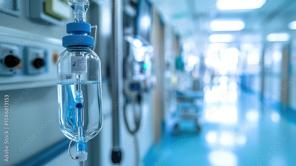 A focused close-up of an IV drip bag in a clean hospital room, with the medical equipment standing out against the open, well-lit space. A focused close-up of an IV drip bag in a clean hospital room, with the medical equipment standing out against the open, well-lit space.