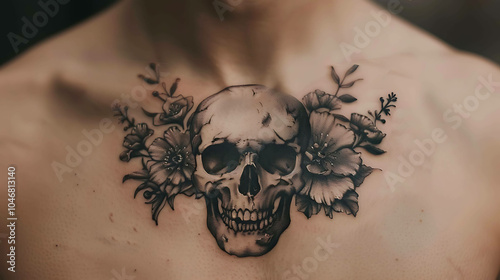 A black and grey tattoo of a skull with flowers on the chest. photo