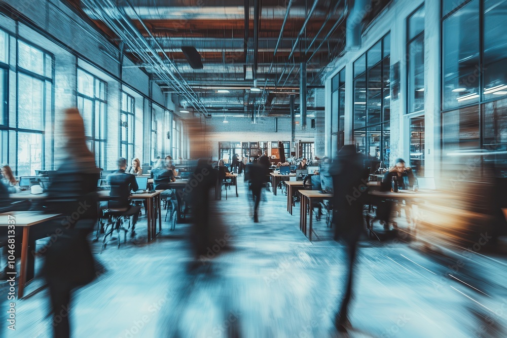 Blurred motion of people walking in a modern office space with high ceilings, large windows, and exposed ductwork. Blurred motion of people walking in a modern office space with high ceilings, large windows, and exposed ductwork.