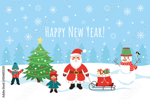 Wallpaper Mural New Year and Christmas card with Santa, presents, snowman, Christmas tree and children. Winter landscape with children and presents. Vector illustration Torontodigital.ca