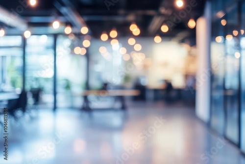 Blurred background of modern office interior with glass walls, desks, and warm lighting.