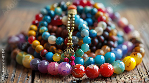 Colorful prayer beads made of different gemstones. The beads are arranged in a circle on a wooden surface.