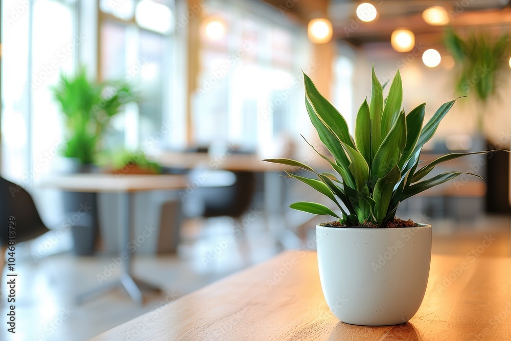 A potted plant sits on a wooden table in a modern office with large windows and blurred background of tables and chairs. A potted plant sits on a wooden table in a modern office with large windows and blurred background of tables and chairs.