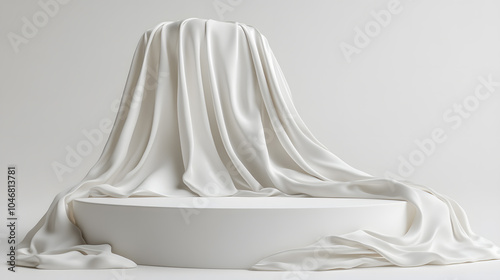 Podium covered with a piece of white silk drapery fabric, podium for product cosmetic presentation creative mock up