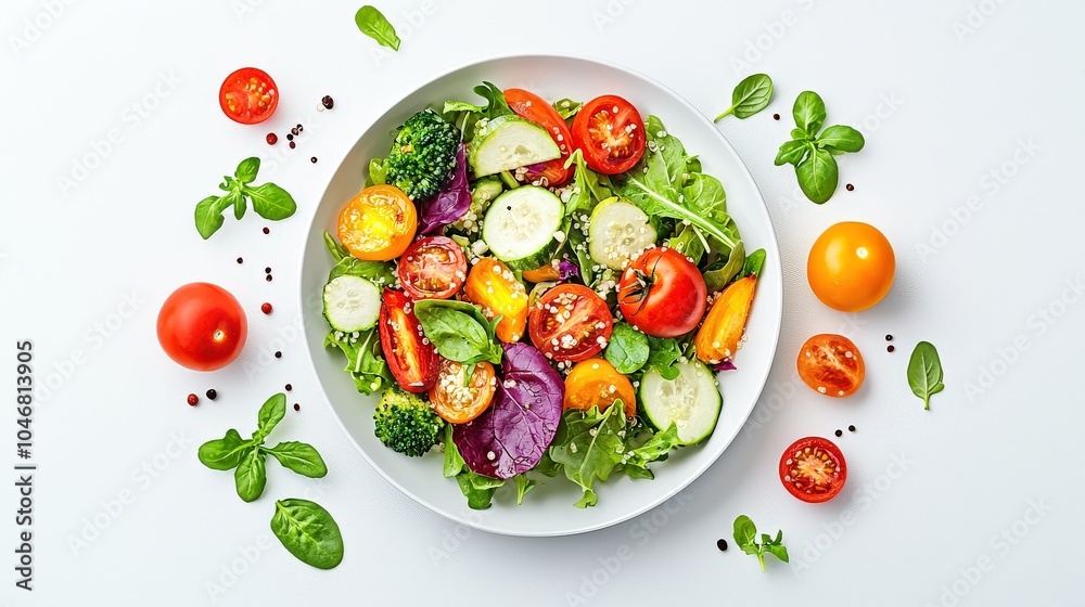 A fresh quinoa salad with roasted vegetables, leafy greens, and a light dressing, beautifully presented on a white background to showcase its healthiness. A fresh quinoa salad with roasted vegetables, leafy greens, and a light dressing, beautifully presented on a white background to showcase its healthiness.