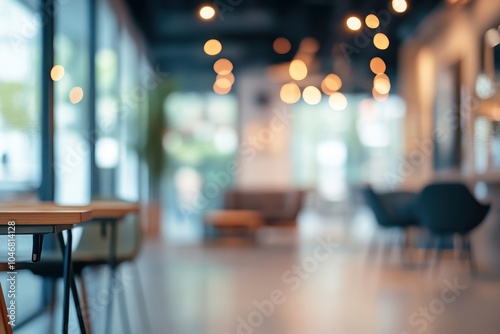 Blurred view of a modern cafe or restaurant interior with wooden tables and chairs, a couch in the background, and warm lighting.