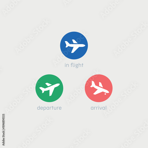 Departure, flight, arrival. A set of three cool vector icons