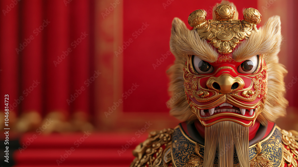 Traditional lion dance mask with intricate details, representing cultural heritage and celebration in vibrant colors, isolated on a solid background. Traditional lion dance mask with intricate details, representing cultural heritage and celebration in vibrant colors, isolated on a solid background.
