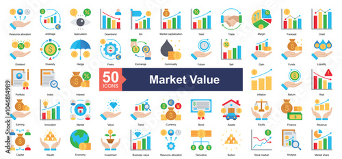 Market Value icon collection set. Containing Resource allocation, Arbitrage, Speculation, Downtrend, Ipo, Market capitalization, Yield, Trade, Margin icon. Simple flat illustration.