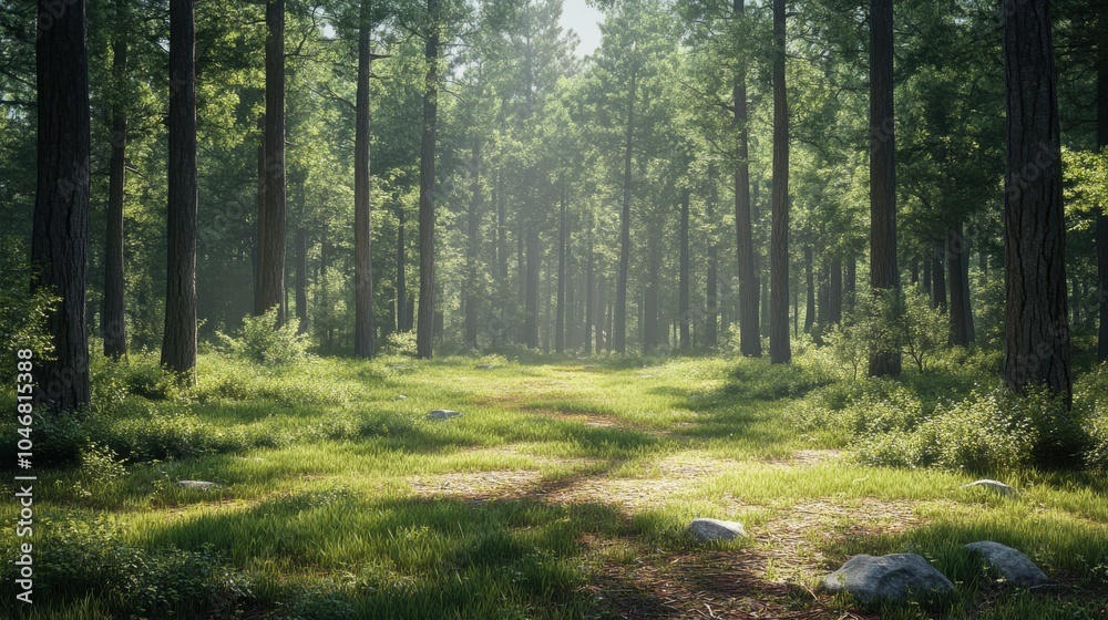 Obraz premium Forest glade with scattered pine needles