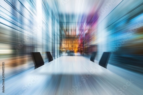 Abstract image of a conference room with motion blur, suggesting speed and dynamism.