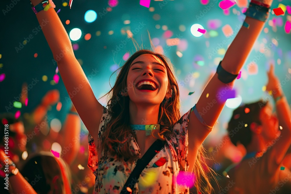 Obraz premium Happy young people revel in the vibrant night, immersed in music and festive atmosphere of a music festival, creating lasting memories of joy. generative ai