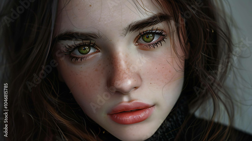 Beautiful young woman with long brown hair, green eyes, and freckles. She is wearing a black turtleneck sweater. photo