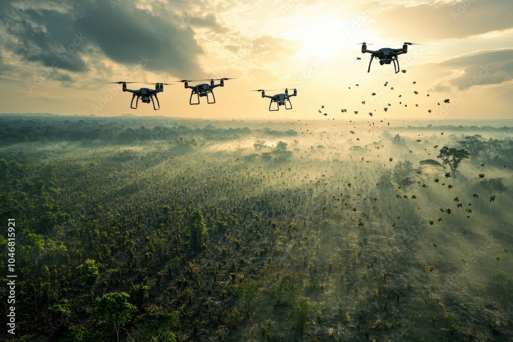 Fototapeta premium Drones replanting trees over deforested land