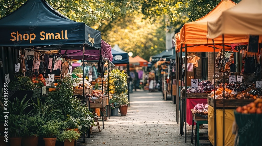 Naklejka premium A lively market filled with small business stalls, highlighted by prominent 