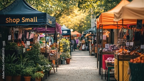 A lively market filled with small business stalls, highlighted by prominent 
