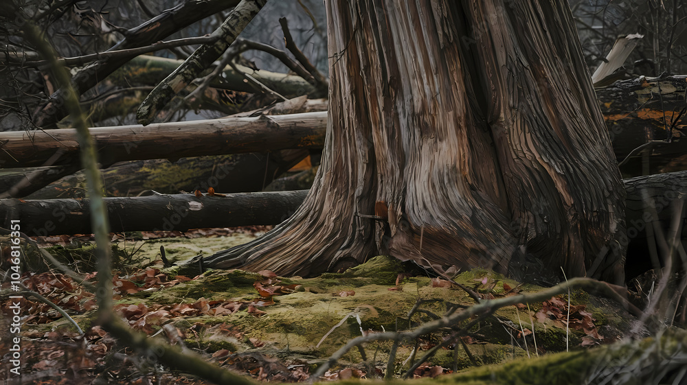 A close-up of a majestic tree trunk surrounded by fallen logs and moss, showcasing the beauty of a serene forest landscape. A close-up of a majestic tree trunk surrounded by fallen logs and moss, showcasing the beauty of a serene forest landscape.