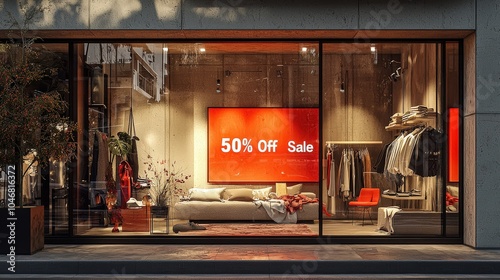 A minimalist boutique window display showcasing a large 