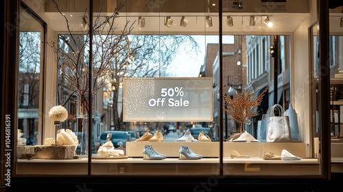 A minimalist boutique window display showcasing a large 