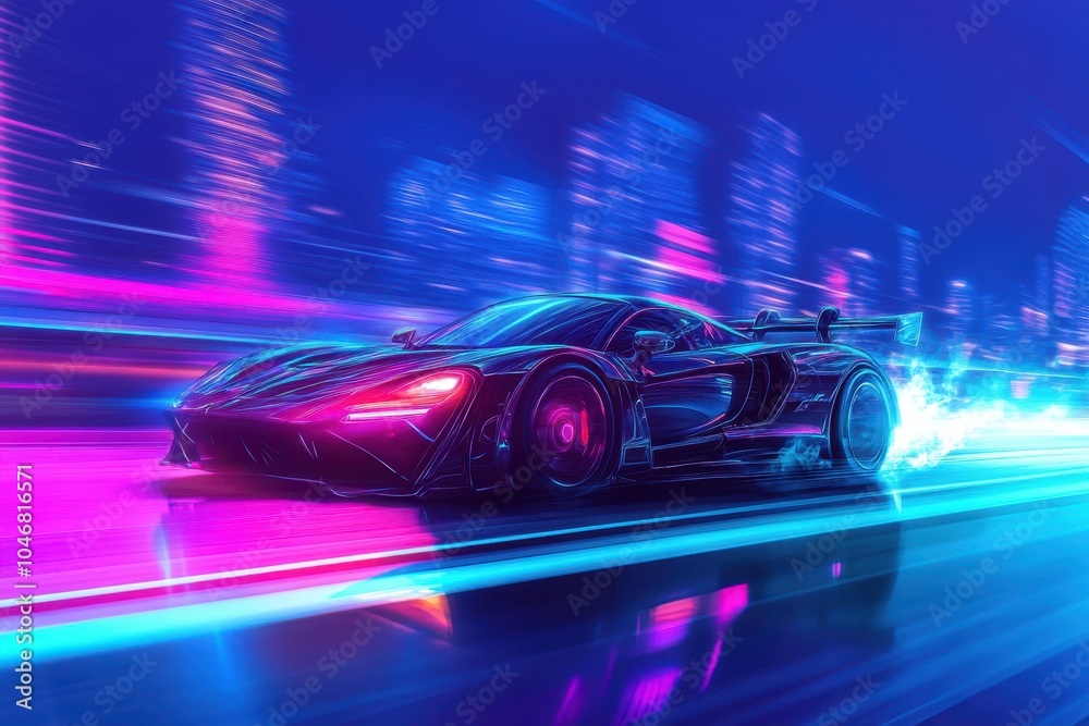 A sleek black sports car races through a neon-lit city at night, leaving a trail of light behind it. A sleek black sports car races through a neon-lit city at night, leaving a trail of light behind it.