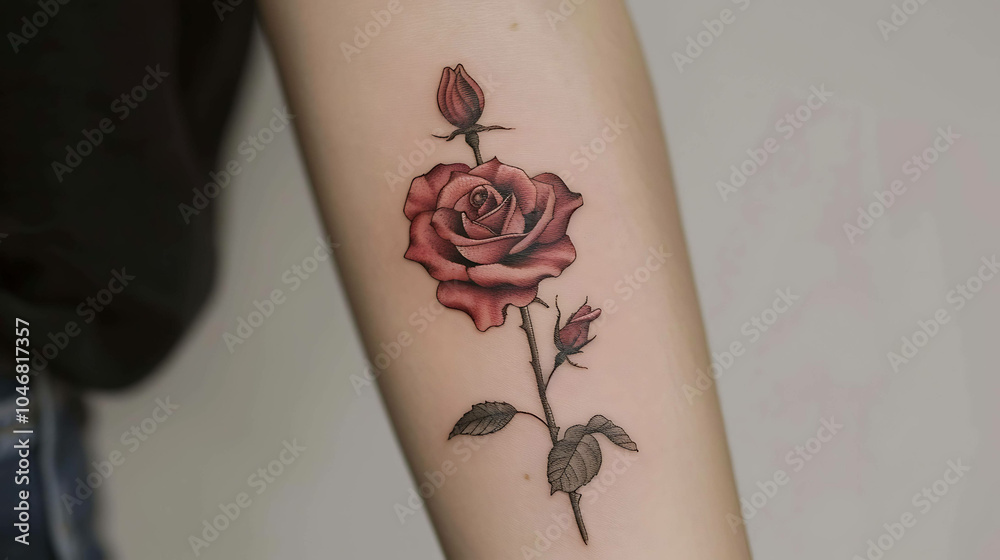 Obraz premium A beautiful and elegant black and red rose tattoo on a woman's arm. The rose is a symbol of love, beauty, and passion.