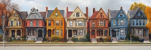 Vibrant Row of Ornate Victorian Houses Showcasing the Charming Historic Architectural Details and Character of a Picturesque Urban Neighborhood