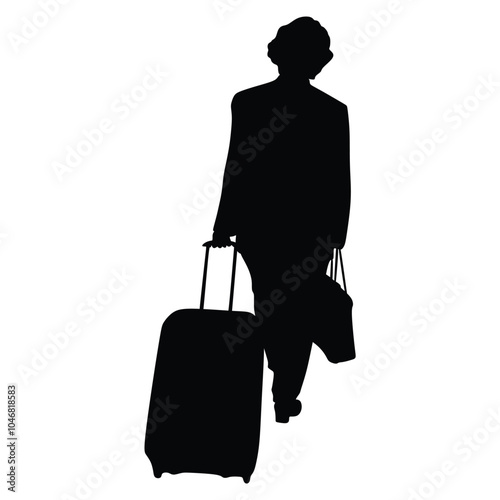 Silhouette of an elderly woman dragging a suitcase across the field