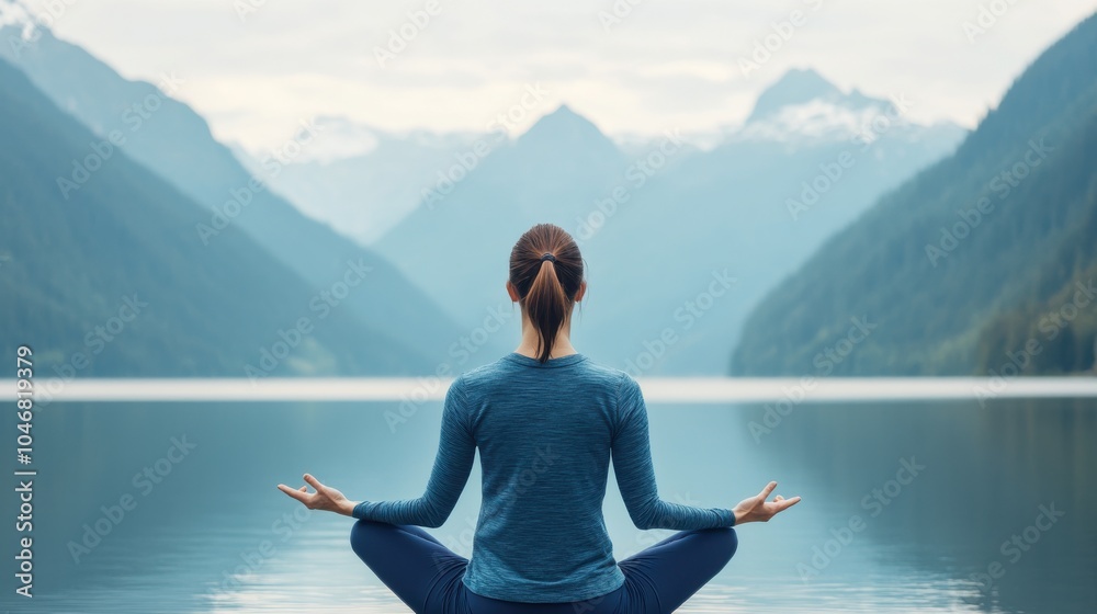 Fototapeta premium Serene Yoga Practice by a Tranquil Lakeshore