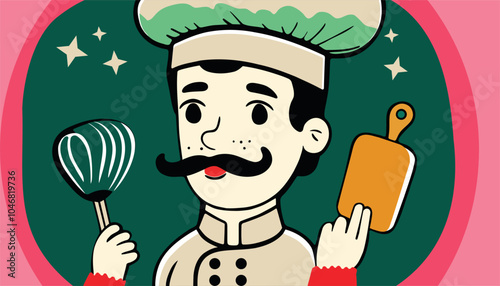 A cartoon chef is holding a whisk and a wooden board