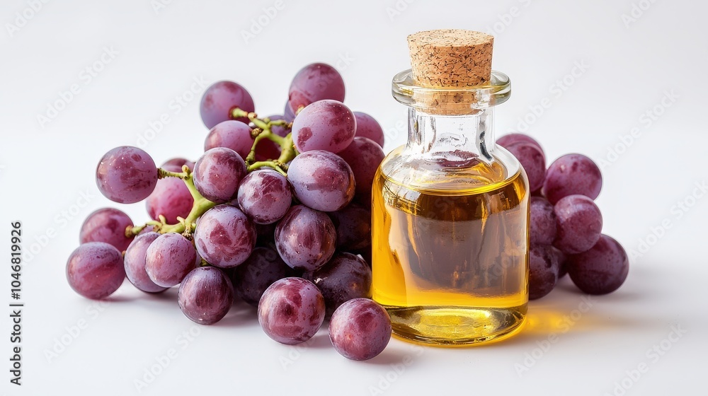A professional shot of a glass bottle containing cold-pressed grape seed oil on a pristine white background, with soft lighting highlighting the rich color. A professional shot of a glass bottle containing cold-pressed grape seed oil on a pristine white background, with soft lighting highlighting the rich color.
