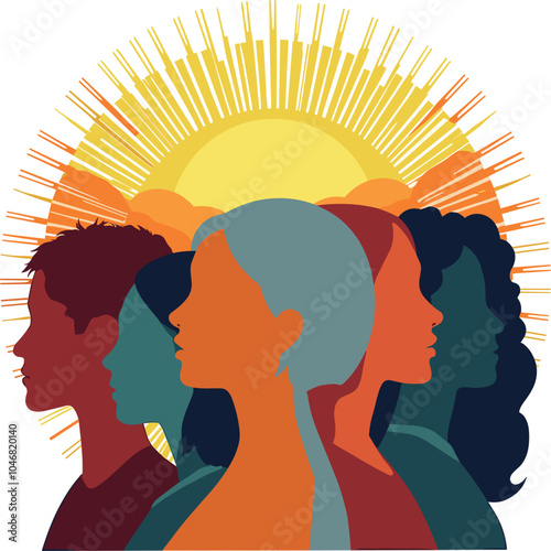 Diverse silhouettes facing a radiant sunrise, symbolizing unity, diversity, and collective strength