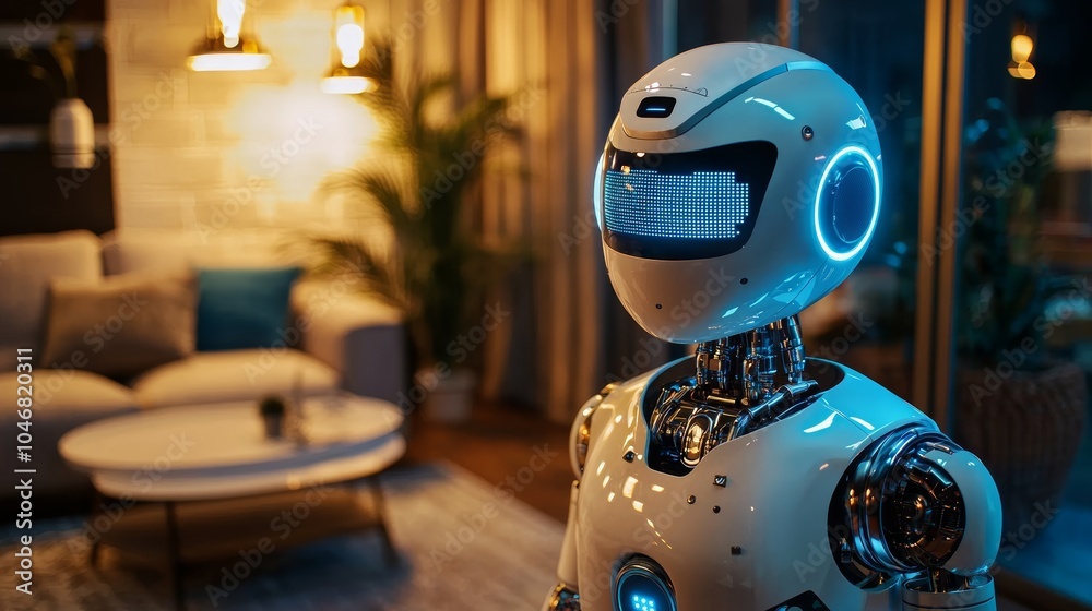 Fototapeta premium Human Interaction with Robot in Modern Living Space