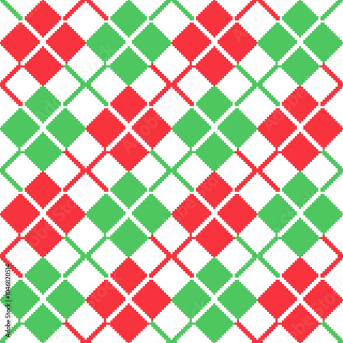 Winter holiday seamless argyle pattern. Red, green and white Christmas background. Diamond rhombus plaid repeat texture. Vector checkered lozenge print for fabric, wallpaper, backgrounds, wrapping