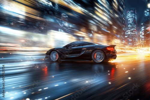 A black sports car speeds through a city at night with blurred lights and buildings in the background.